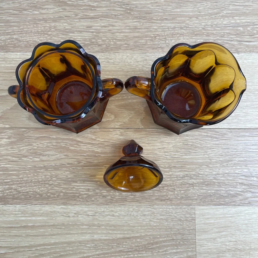 Vintage Amber Glass Cream and Sugar Set Paneled Scalloped MCM Retro Orange Glass